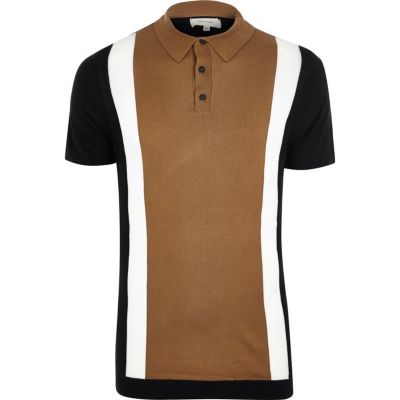 Brown colour block polo shirt